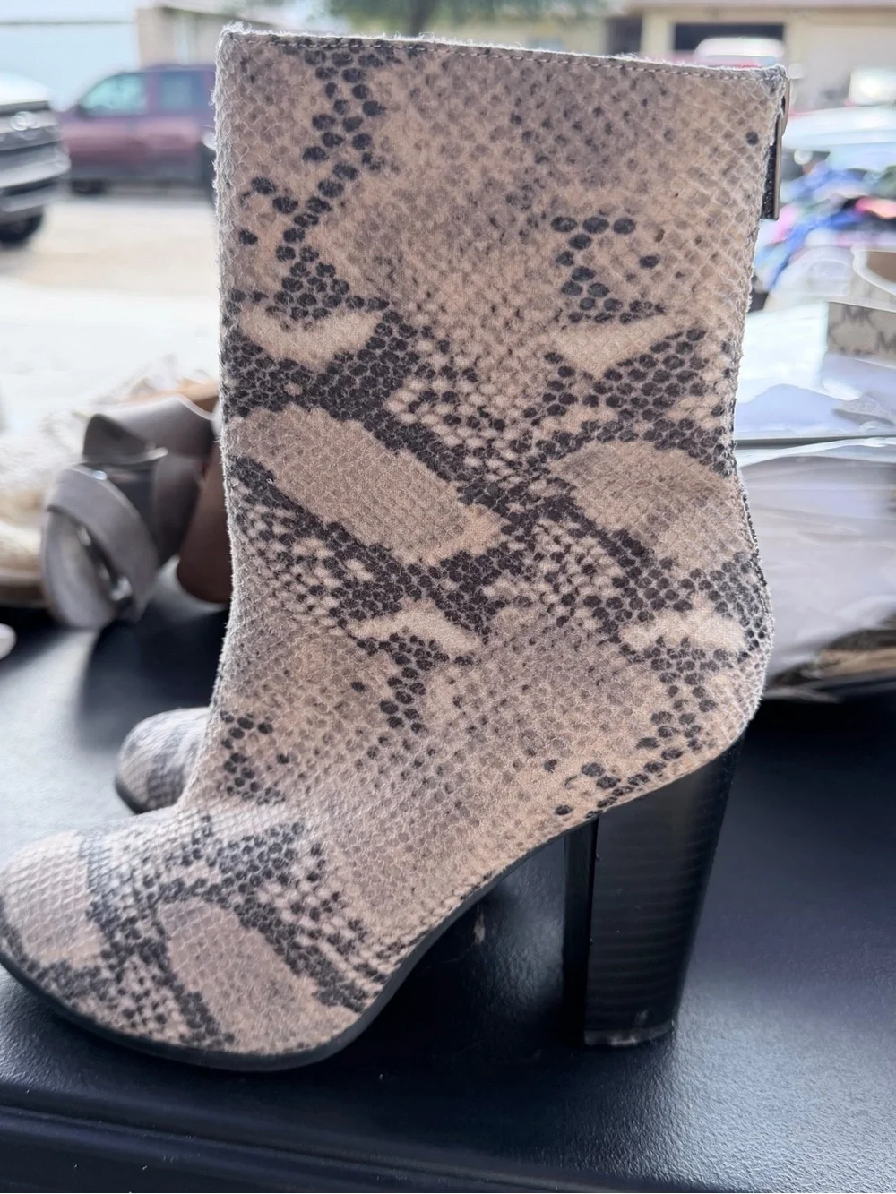 A+ Ellen Snake-Print Ankle Boots in Beige and Black